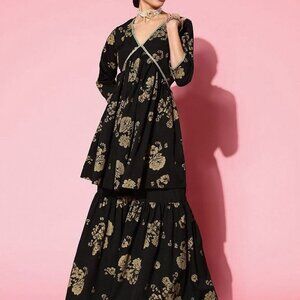 Black Floral Printed Empire Gotta Patti Sharara Set